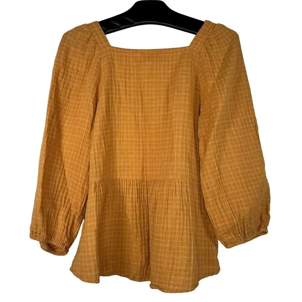 Madewell Windowpane Lightspun Millbrook Puff-Sleeve Peplum Top XS